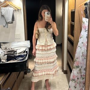 Zimmermann Crocheted Maxi A-Line Skirt with Ruffled Tiers